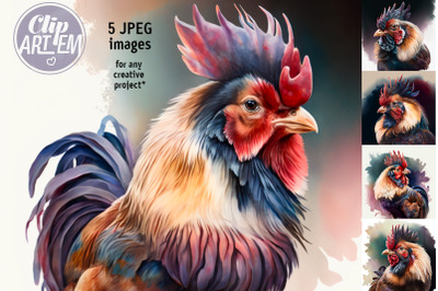 Black Cock Rooster 5 JPEG Images Bundle Digital Print Watercolor Decor