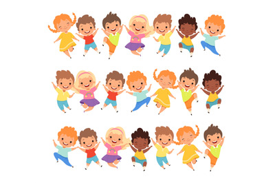 Jumping kids groups. Girls and boys jump, little cartoon children with