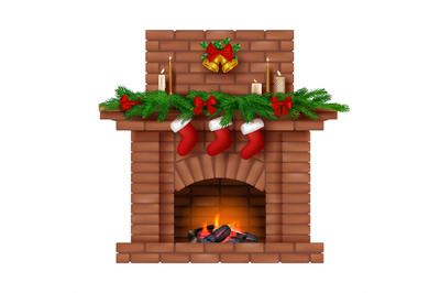 Xmas decor on fireplace. Coziness new year home decorative socks for p