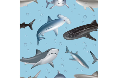 Underwater pattern. Angry wild shark swimming decent vector realistic