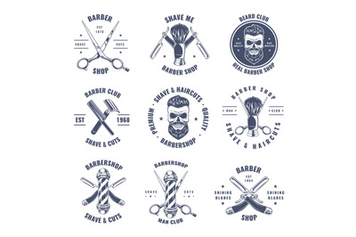 Barber shop labels. Gentleman stickers hairdresser blade haircut symbo