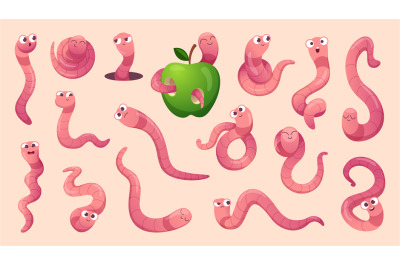 Cartoon worms. Creeping crawlers and bugs with smiling faces exact vec