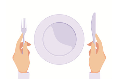 Hands with plate. Restaurant background person holding knife and fork