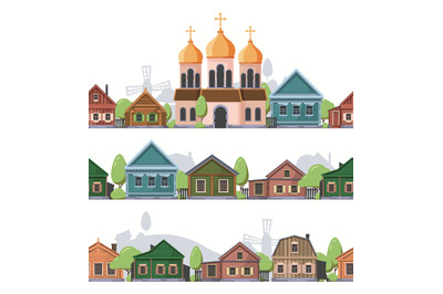 Russian village landscape. Rural old style wooden houses garish vector