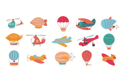 Kids transport. Hand drawn childish illustrations of aircraft toys air