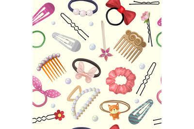 Hair accessories pattern. Beauty stylish items for hair grooming and c