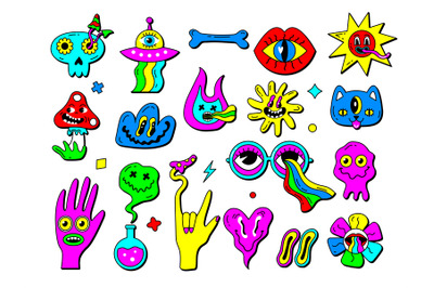 Psychedelic symbols. Hippy stickers collection funny emoticons faces h