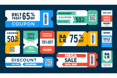 Coupon discount. Retail ads banners with price drop stickers barcode t