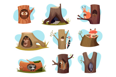 Hollow trees. Cozy houses for wild forest animals exact vector charact