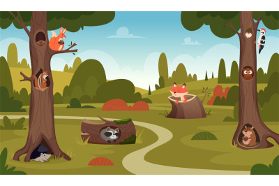 Wild forest animals. Big hollow trees for relax time exact vector cart