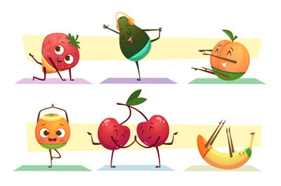 Yoga fruits. Workout exercises funny sport characters healthy fruits s