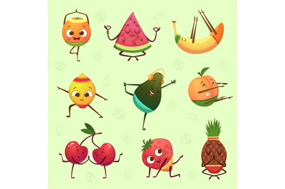 Yoga fruits poses. Fresh fruits and vegetables with funny faces making