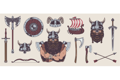 Vikings. Ancient barbarians with aggressive weapons and armors element