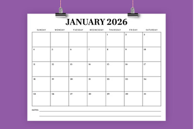 2026 8.5 x 11 Inch Calendar Template
