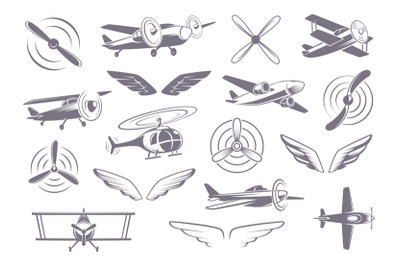 Avia badges. Propellers wings airplanes helicopters stylized symbols f