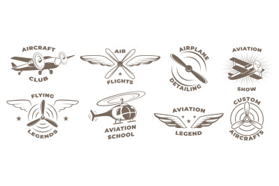 Airplanes badges. Aviators symbols propellers wings of airplanes exact