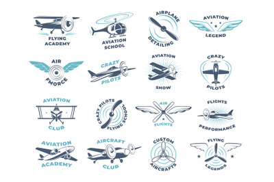 Aviators. Airplanes wings and propellers stylized badges with place fo