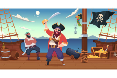 Pirate ship background. Sailors filibusters with weapons standing on b