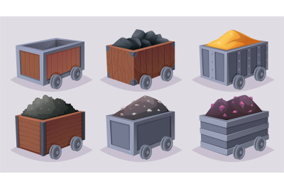 Mining carts. Minerals coal gold precious stones diamonds exact vector