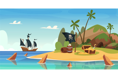 Pirate treasure background. Battleship with filibusters pirate weapons