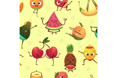 Fruits characters pattern. Funny fruits in action poses making sport e