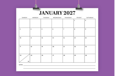 2027 8.5 x 11 Inch Calendar Template