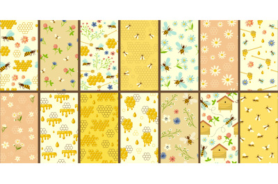 Bees pattern. Apiary honeycombs and bees collection recent vector cart