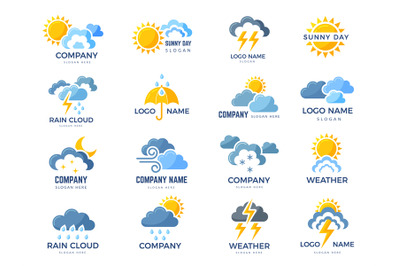 Weather symbols. Business stylized logo template with icons clouds sun