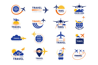 Exploration logo. Tourist agency pictures with travel symbols airplane