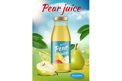 Pears poster. Realistic placard template for fresh pear juice ads liqu