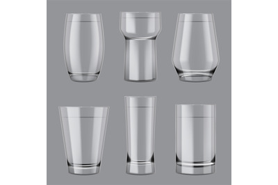 Realistic glass. Transparent cups templates crystal containers for wat