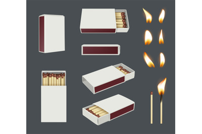 Matches. Flame from wooden stick different points view of containers f