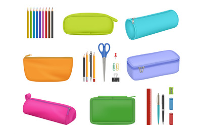 Stationery cases. School pens brushes in colored pencil cases for educ