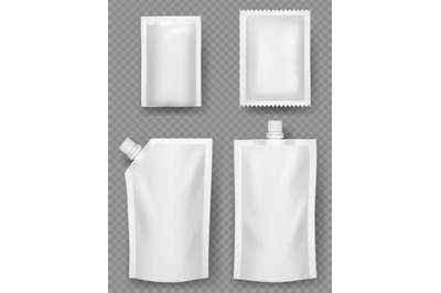 Plastic pouches. Containers white mockup templates of plastic packages