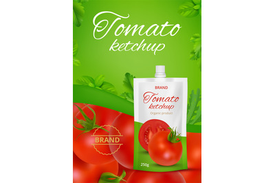 Ketchup poster. Ads label for tomato sauces packages decent vector rea