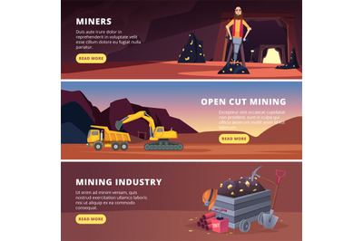 Mining banners. Natural resource production industry workers in helmet