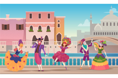 Carnival background. Venetian entertainment fashioned characters danci