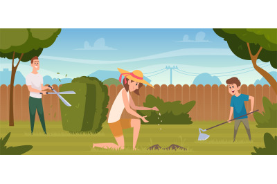 Gardening background. Rural concept illustration with outdoor people c