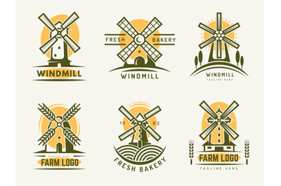 Windmill logo. Rural farm or bakery production labels and badges templ