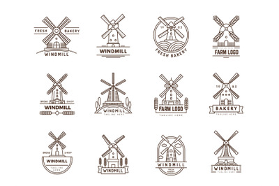 Windmill badges. Nature logo templates with windmill pictures farm rur