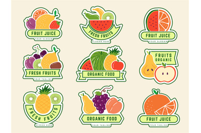 Fruits logo. Identity templates with different healthy juicy fruits an