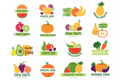 Fruits badges. Colored logotype with fruits juicy vegetables for perso