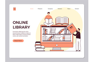 Online library landing. Web page template of distance education readin