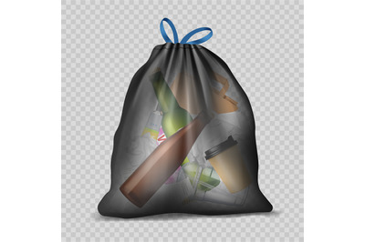 Waste bag. Realistic transparent container for trash glass bottles pap