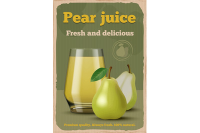 Pear poster. Retro placard for fruits juice ads vintage illustrations