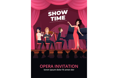 Opera invitation. Night show performance placard with music band orche