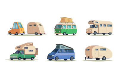 Camping cars. Vintage caravan vehicles for outdoor camp travelling roa