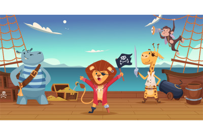 Pirates background. Wild animals in pirate costumes on island with tre