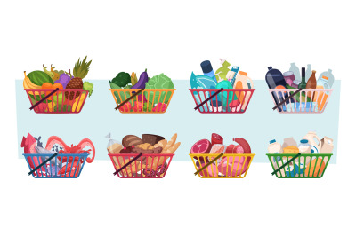 Shopping carts. Grocery products from market natural food fruits milk