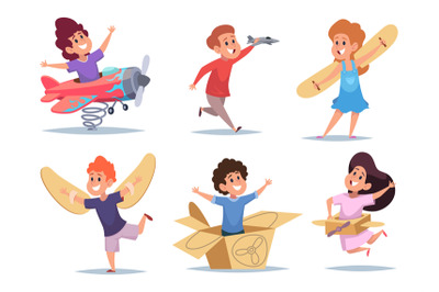 Kids pilots. Children playing in action poses running in aviator costu